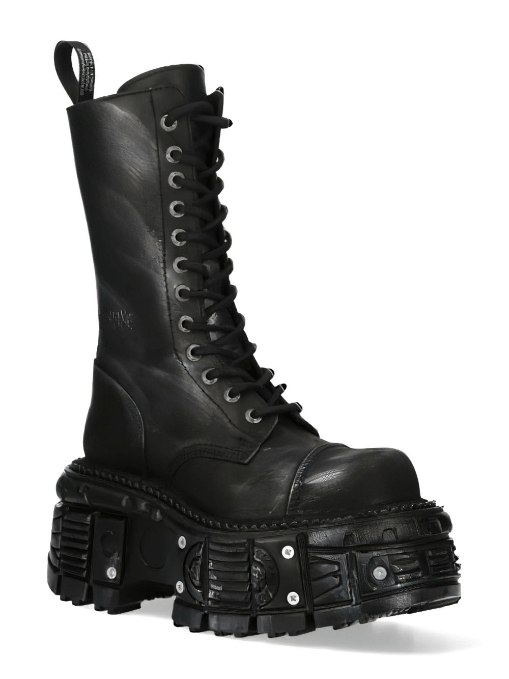 NEW ROCK Men's Black Leather Biker Combat Boot with Heavy-Duty Platform and Lace-Up Design