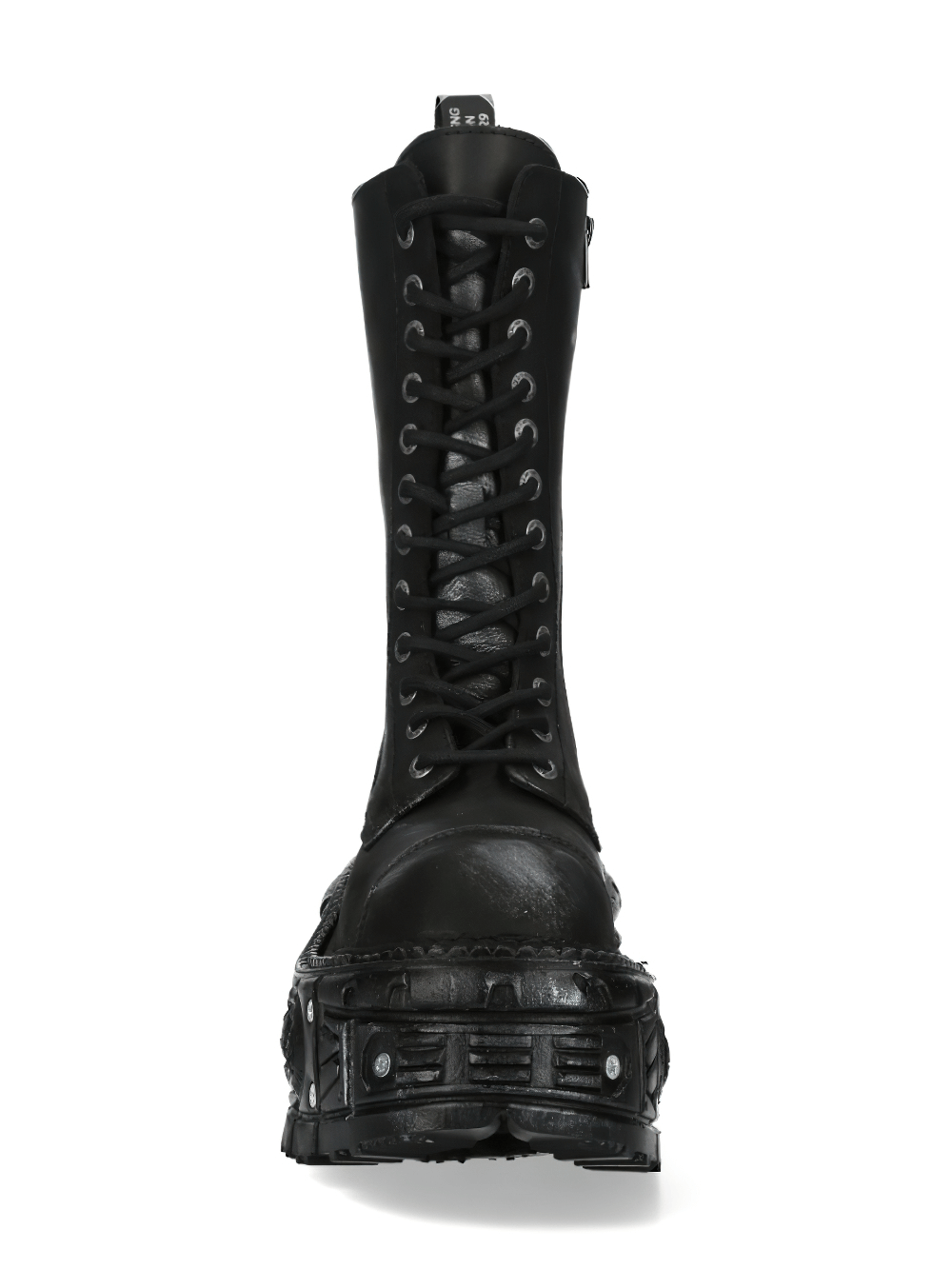 Men's black rugged leather biker combat boot with high-lacing and chunky platform sole for edgy style.