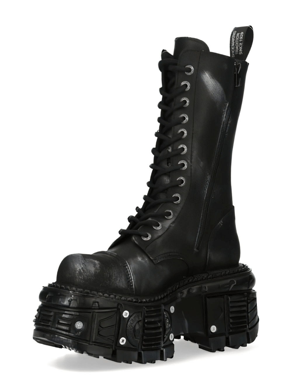 NEW ROCK Men's black leather biker combat boots with zipper and chunky rubber sole, perfect for edgy style.