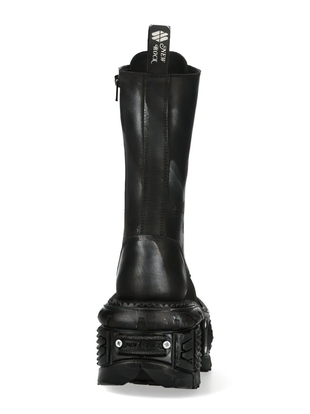 Back view of NEW ROCK Men's black leather biker combat boots with robust sole and zip closure.