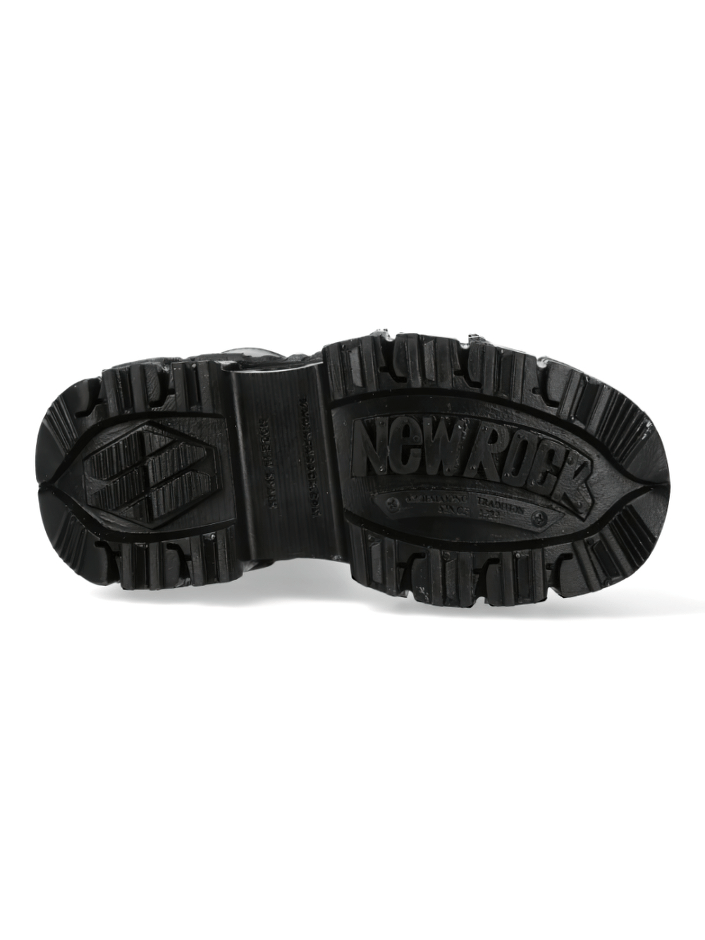 Bottom view of NEW ROCK Men's rugged leather biker boots, featuring a durable rubber sole with grip.