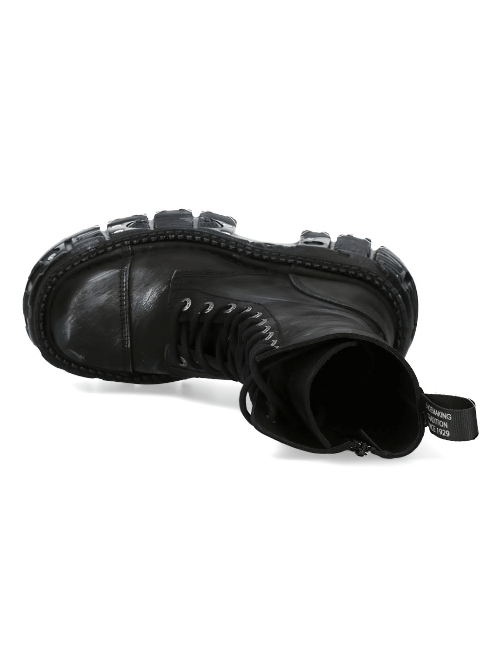 Top view of NEW ROCK black leather biker combat boots showcasing lace-up design and zippered closure.