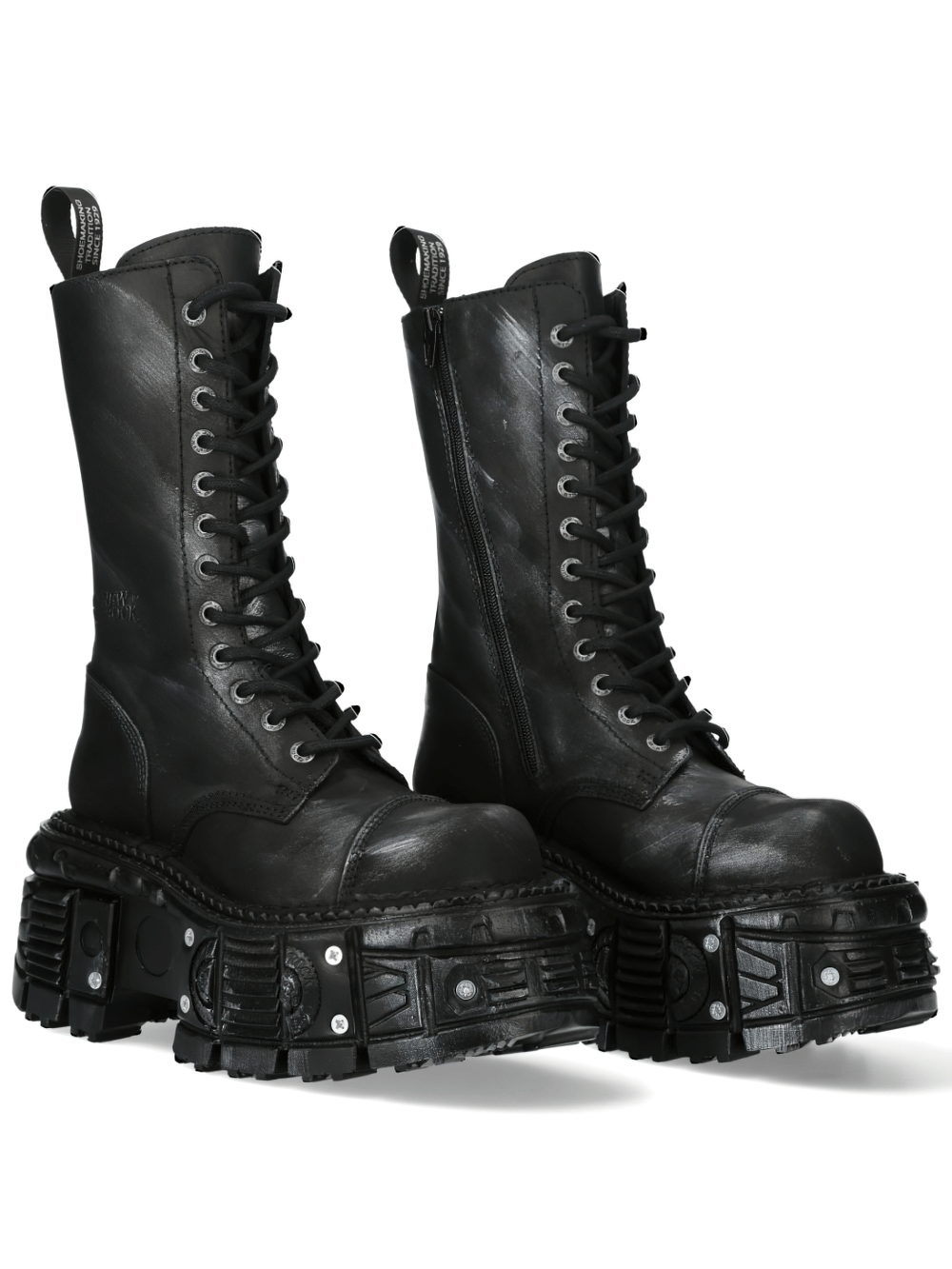 NEW ROCK Men's Rugged Leather Biker Combat Boots with Zipper in black, featuring thick chunky soles and edgy style.