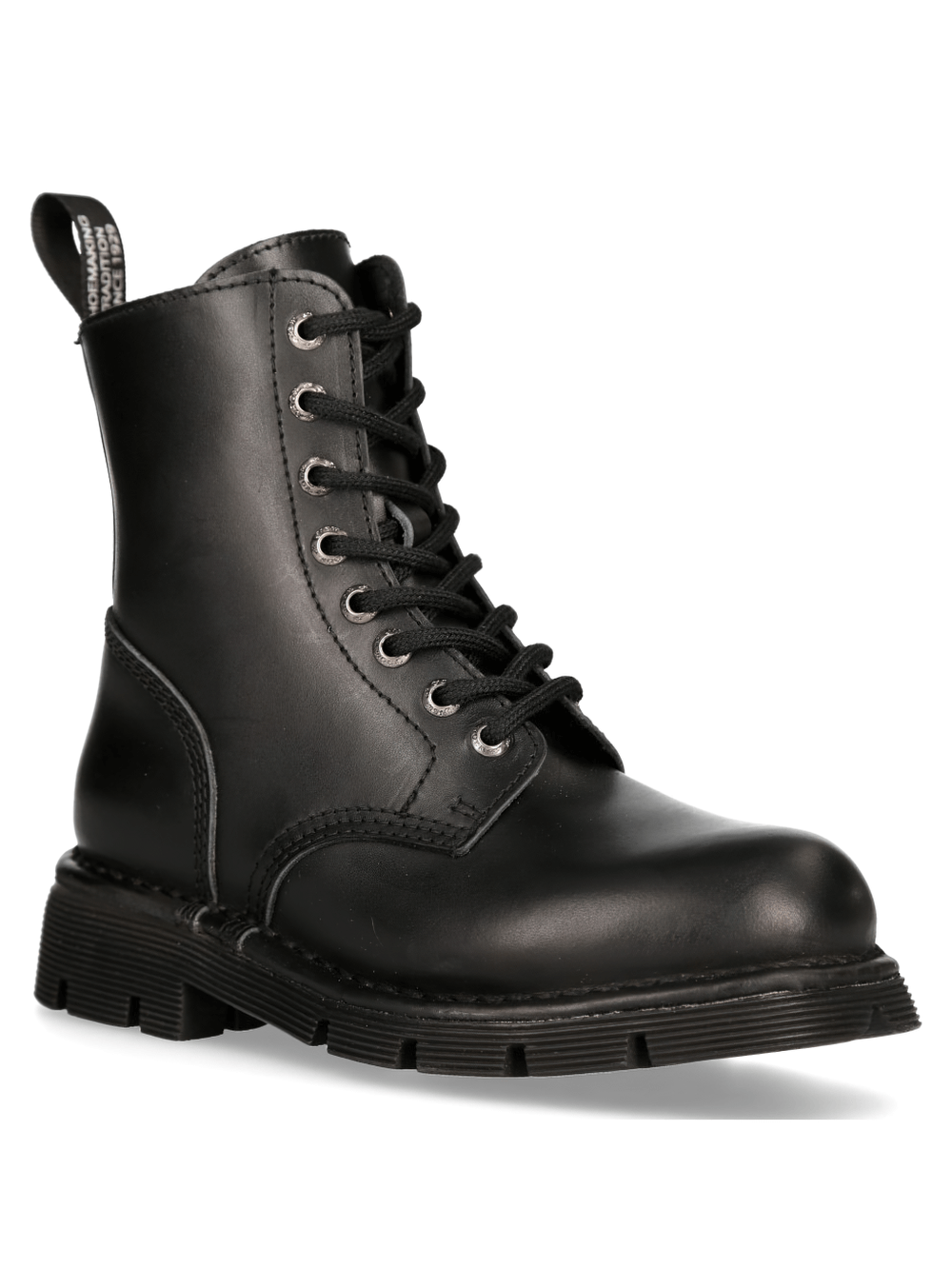 NEW ROCK black lace-up military ankle boots with sturdy design and flat rubber soles.