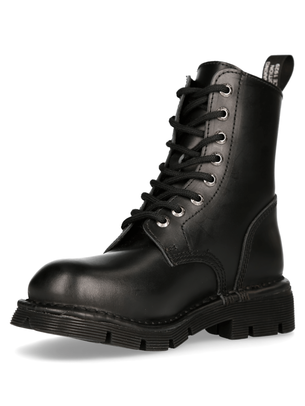 Black lace-up military ankle boots featuring a robust design and flat rubber soles, perfect for punk and gothic styles.