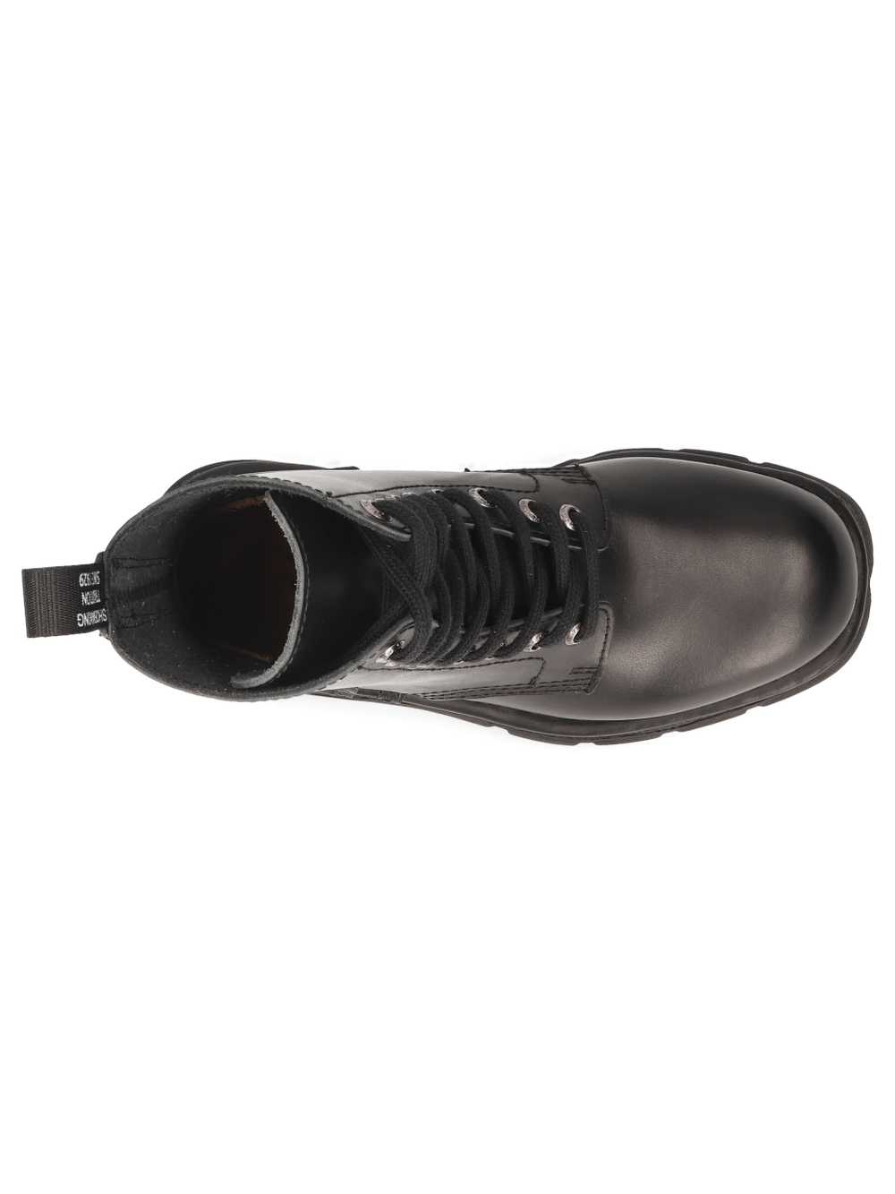 Top view of NEW ROCK black lace-up military ankle boots showcasing durable cow leather and robust design.