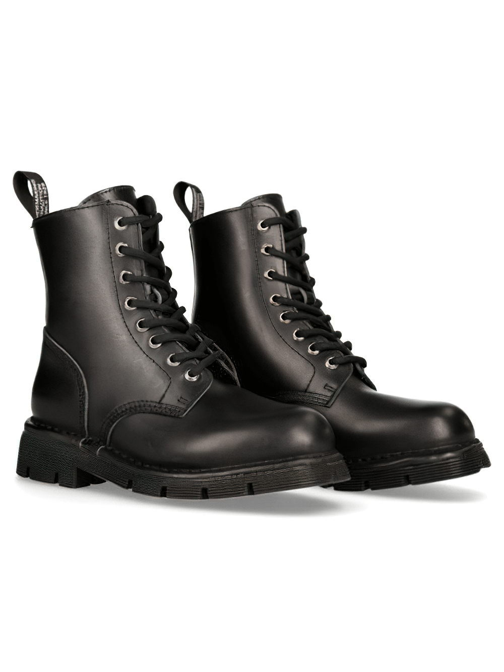 Durable black lace-up military ankle boots for a punk rock style, featuring genuine leather and sturdy rubber soles.