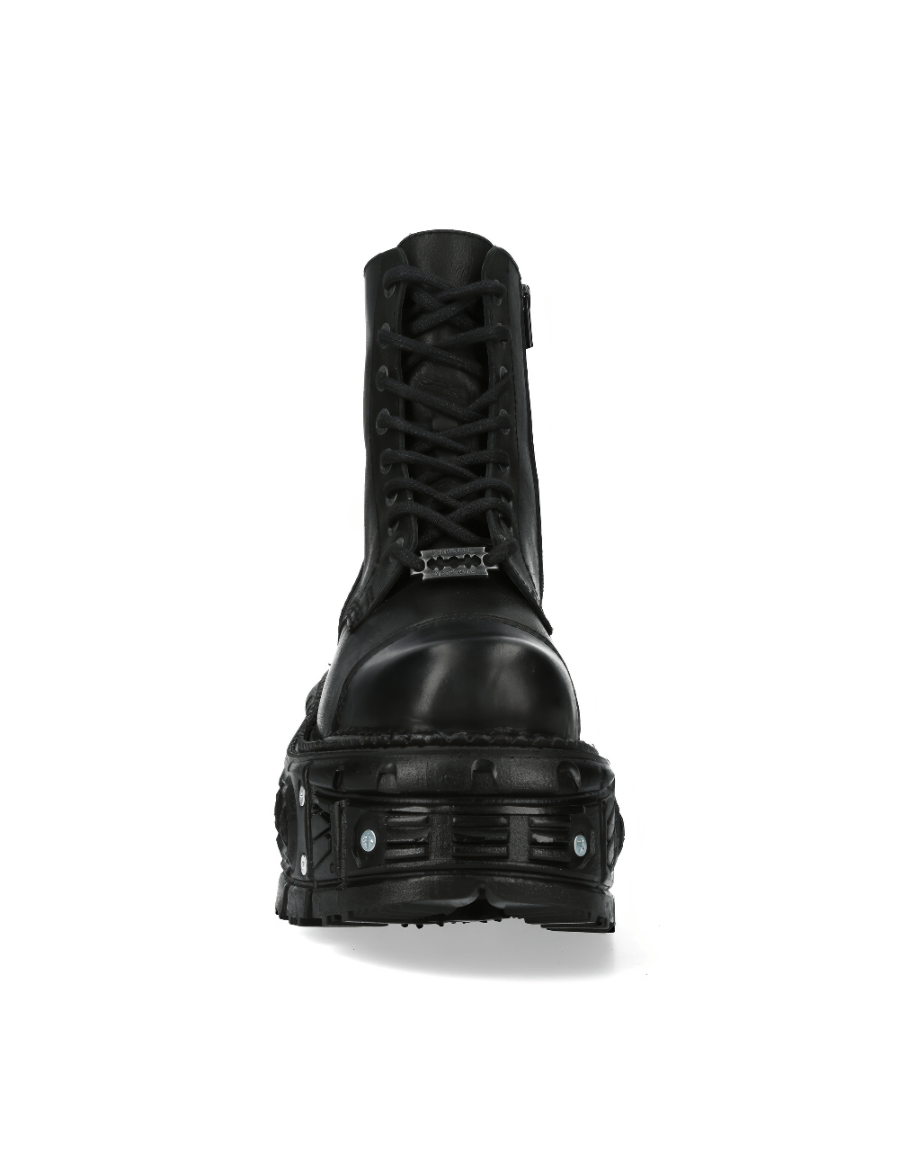 Front view of NEW ROCK Men's studded black ankle boots with ultra platform and punk style.