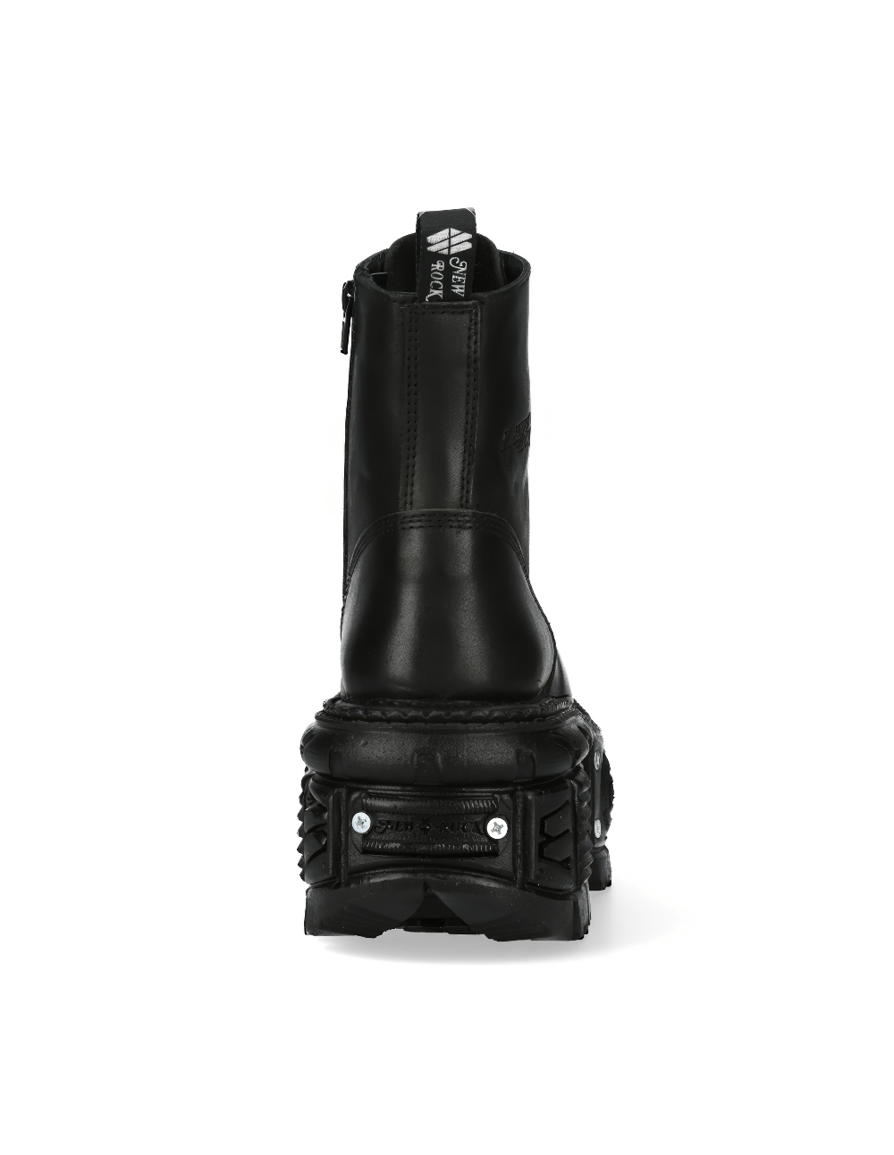 Back view of NEW ROCK Men's punk ankle boot with studs and ultra platform in black leather.