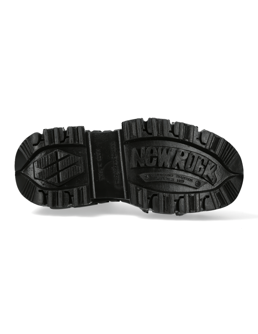 NEW ROCK rugged black ankle boot sole with bold traction design and logo for style and stability.