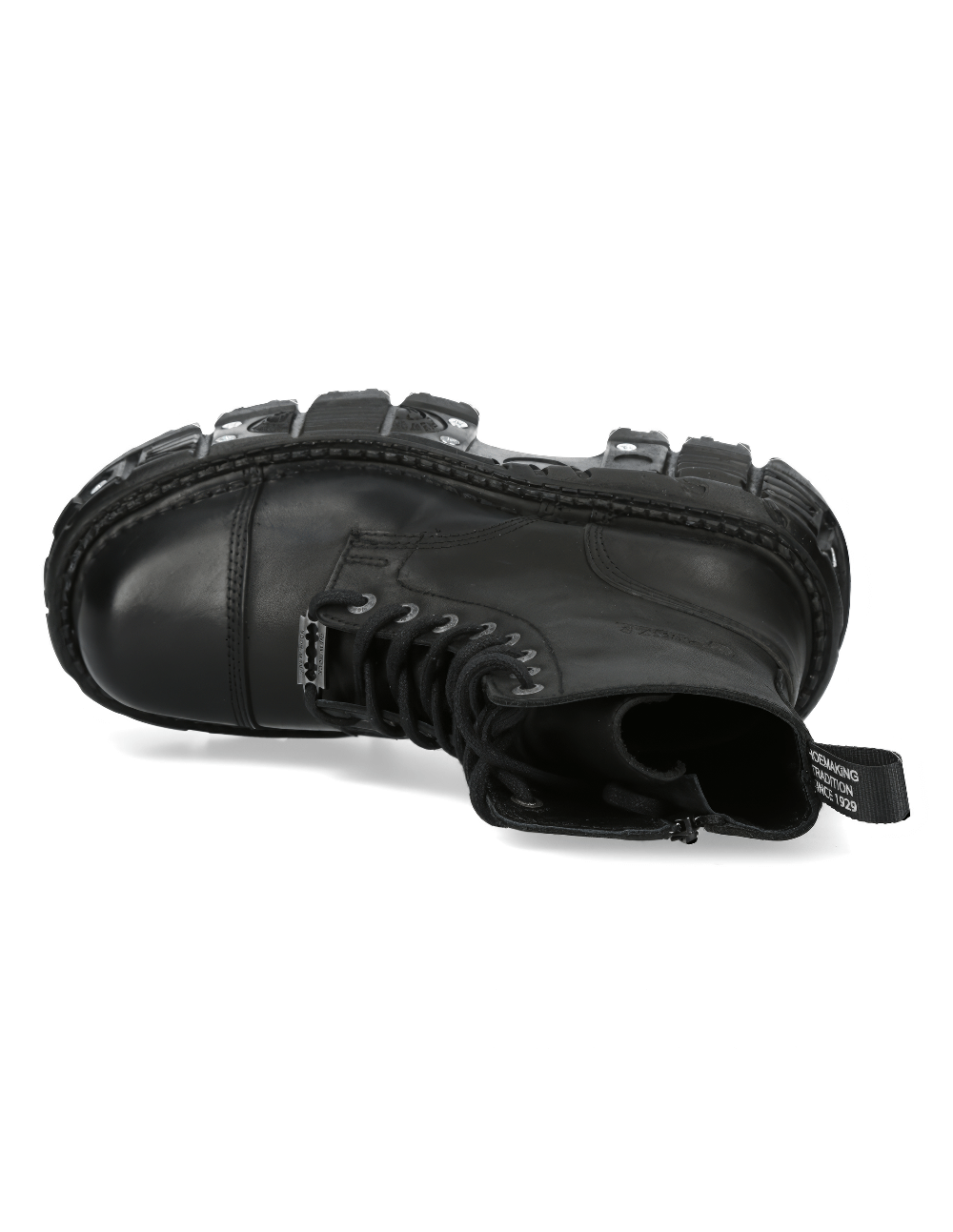 Black punk style ankle boot featuring studs and premium cow leather, showcasing a bold and rugged design.