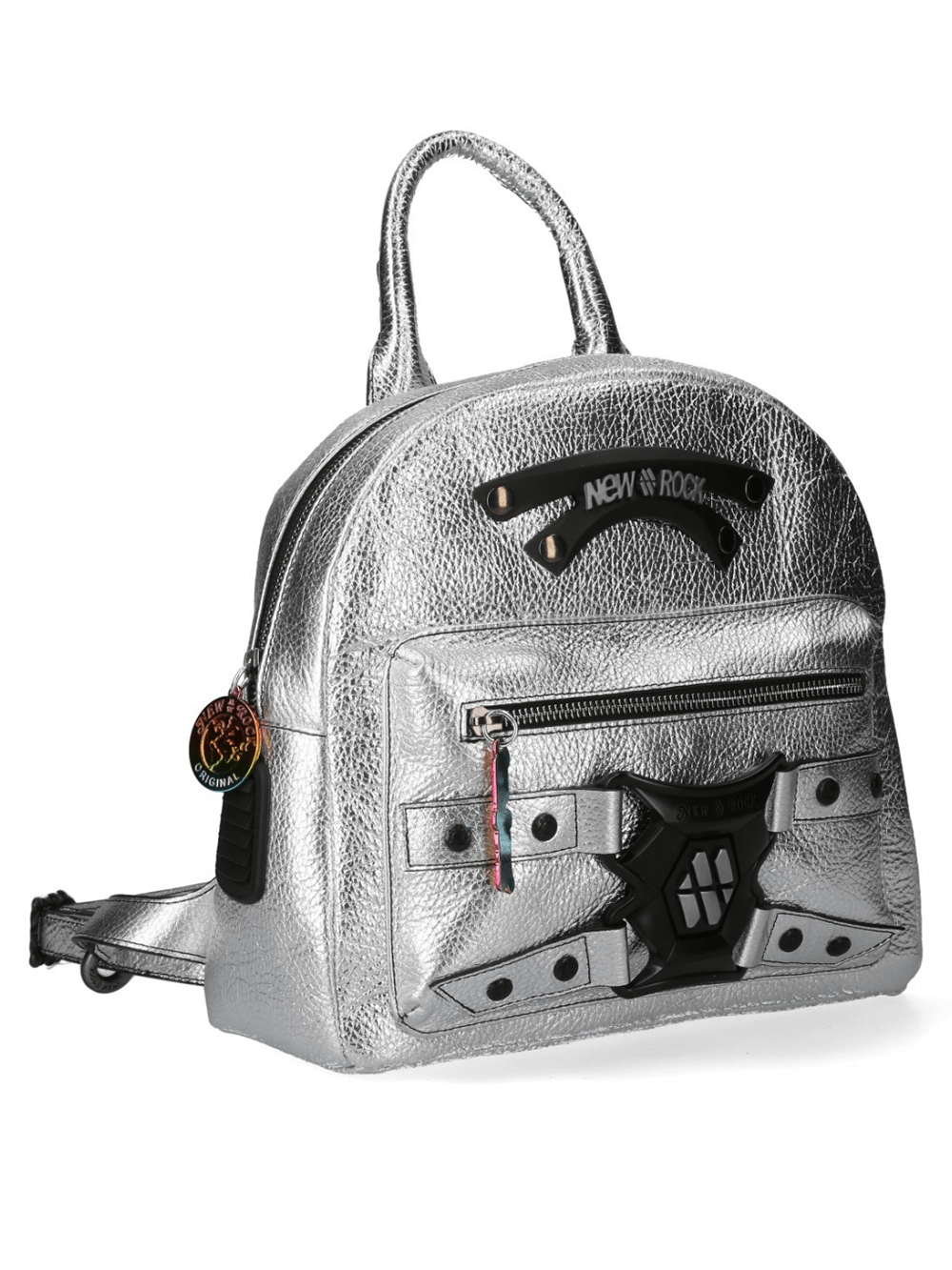 NEW ROCK silver gothic backpack with zipper closure, metallic punk leather for edgy urban style.