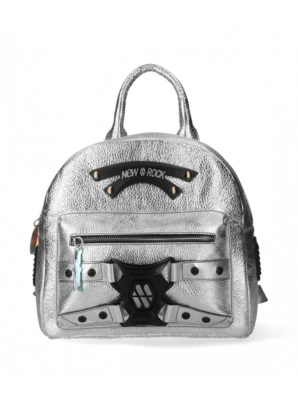 NEW ROCK Silver Gothic Backpack with zipper closure, metallic punk leather design for edgy urban style.