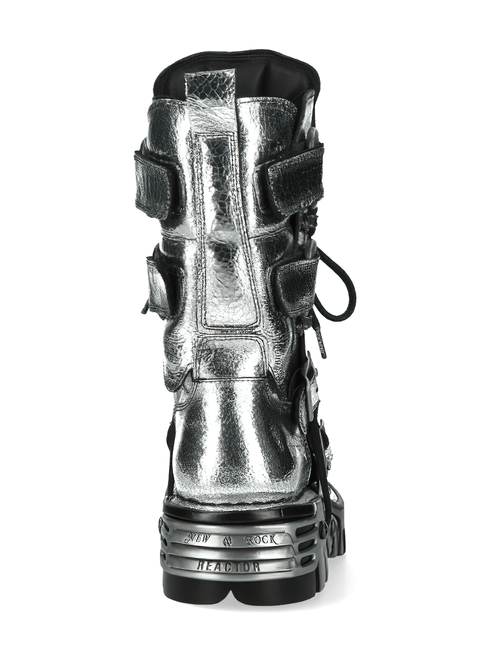 Silver Gothic boots with buckles and lace-up detailing, showcasing a metallic finish and edgy style.