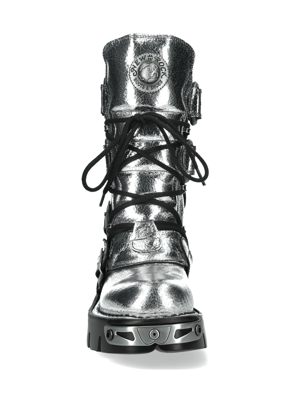 US SALE New Rock silver gothic boots featuring metallic finish, buckles, and lace-up design for edgy style.