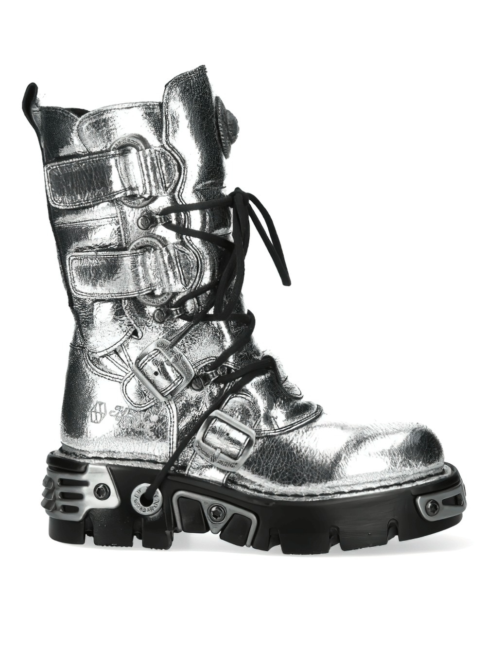 Silver gothic boots with buckles and lace-up for a punk style, crafted from genuine leather in metallic finish.