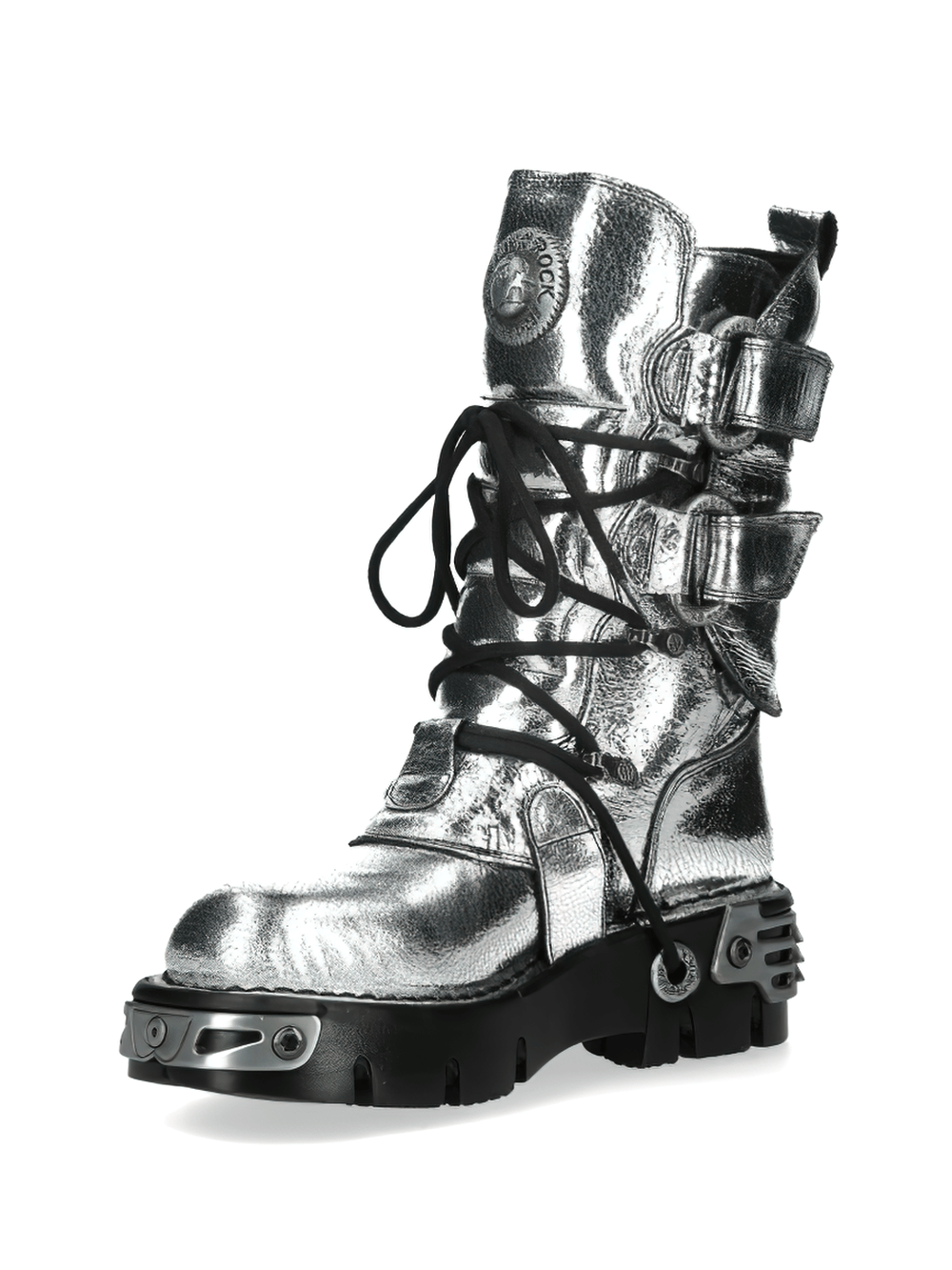 Metallic Gothic boots with buckles and lace-up design for a punk rock vibe. Ideal for edgy fashion enthusiasts.
