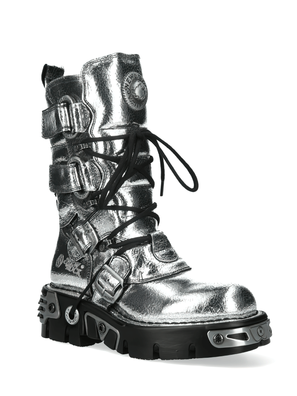 Silver gothic boots with buckles and lace-up design, featuring a metallic finish and rugged rubber sole.