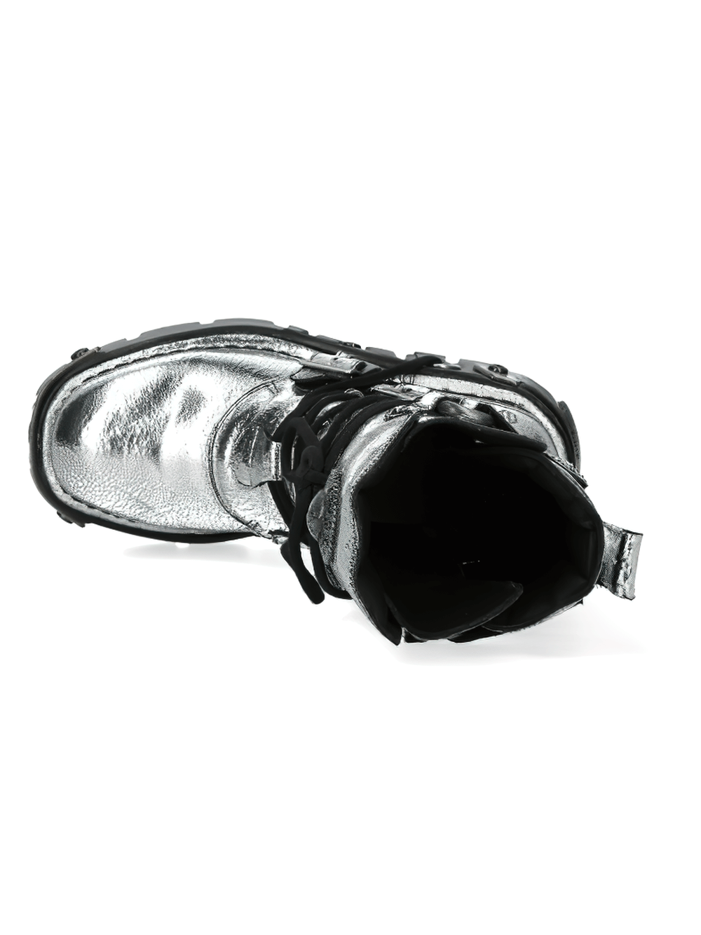 Top view of New Rock silver gothic boots with buckles and lace-up detailing, showcasing their metallic finish and punk style.