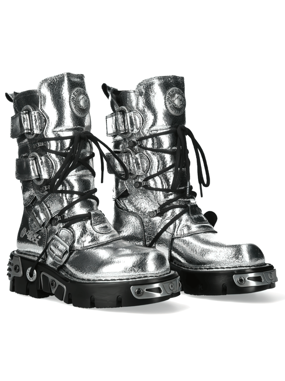 Silver Gothic boots with buckles and lace-up design, featuring a metallic finish and punk style from New Rock.