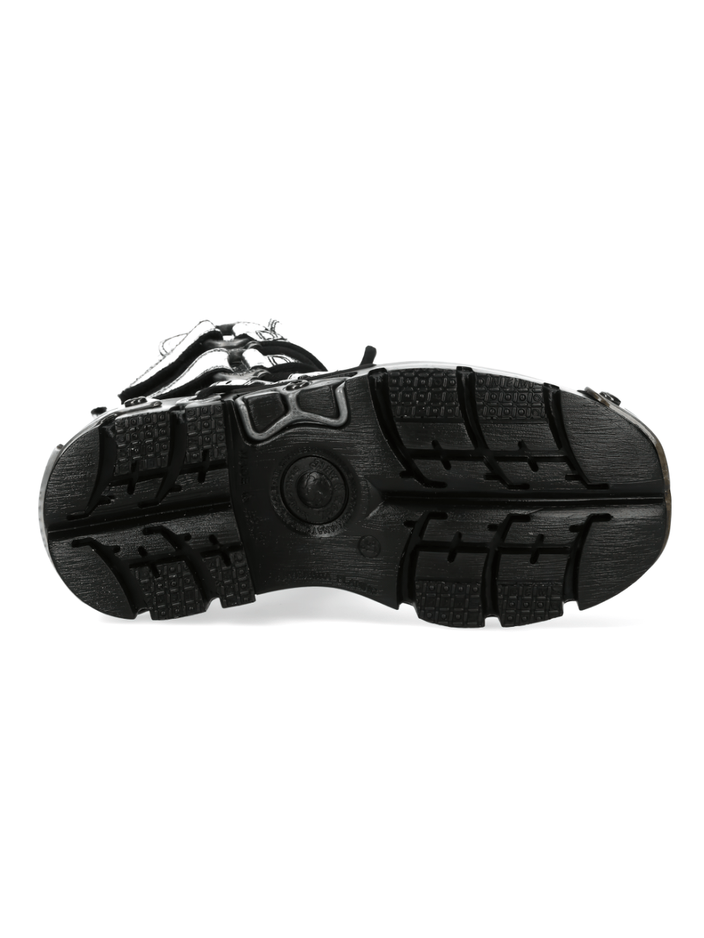 Bottom view of US SALE New Rock silver gothic boots showcasing rubber sole and traction design for extreme durability.