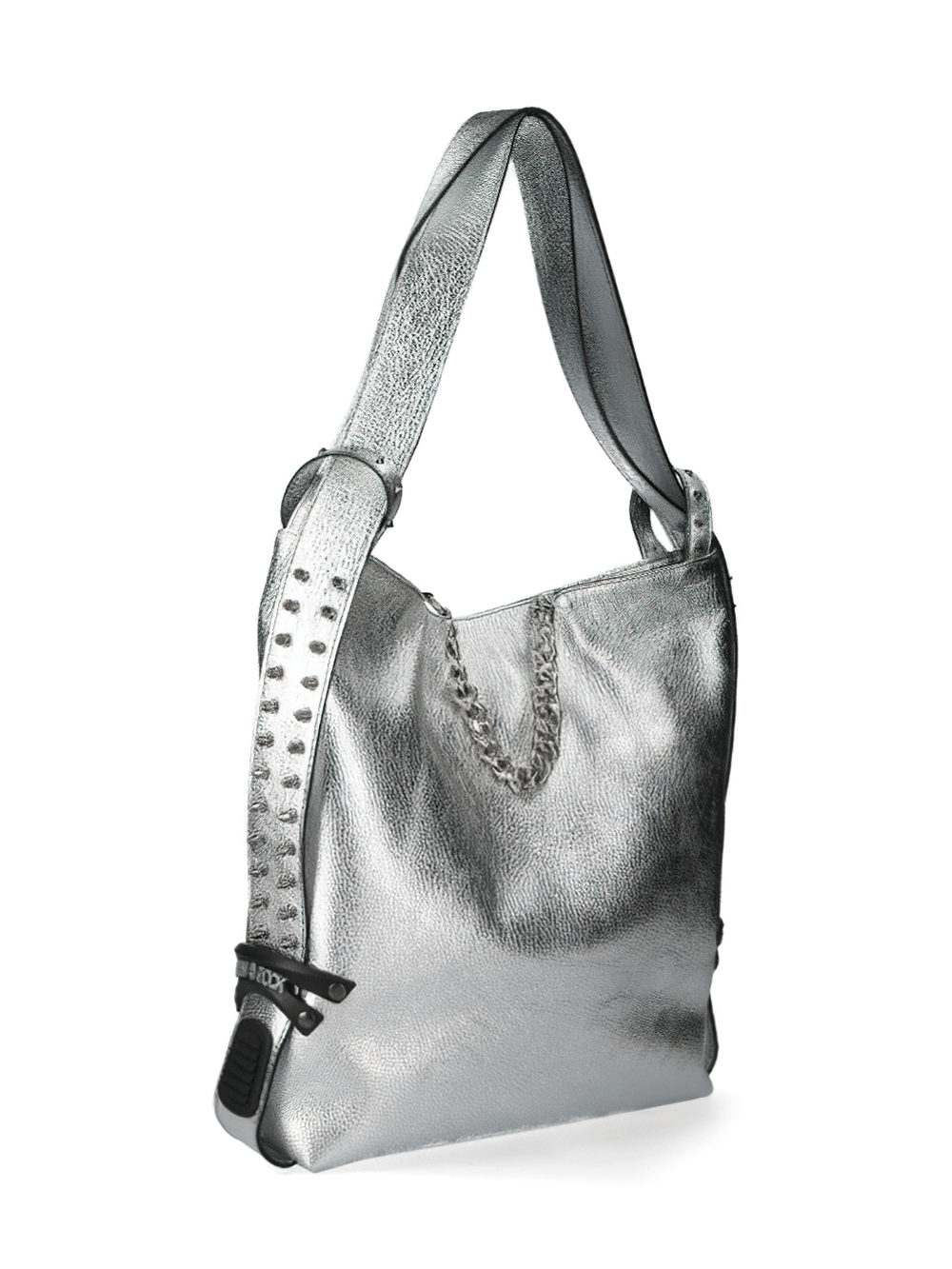 NEW ROCK metallic silver leather shoulder bag with spikes, stylish design and secure buckle clasp