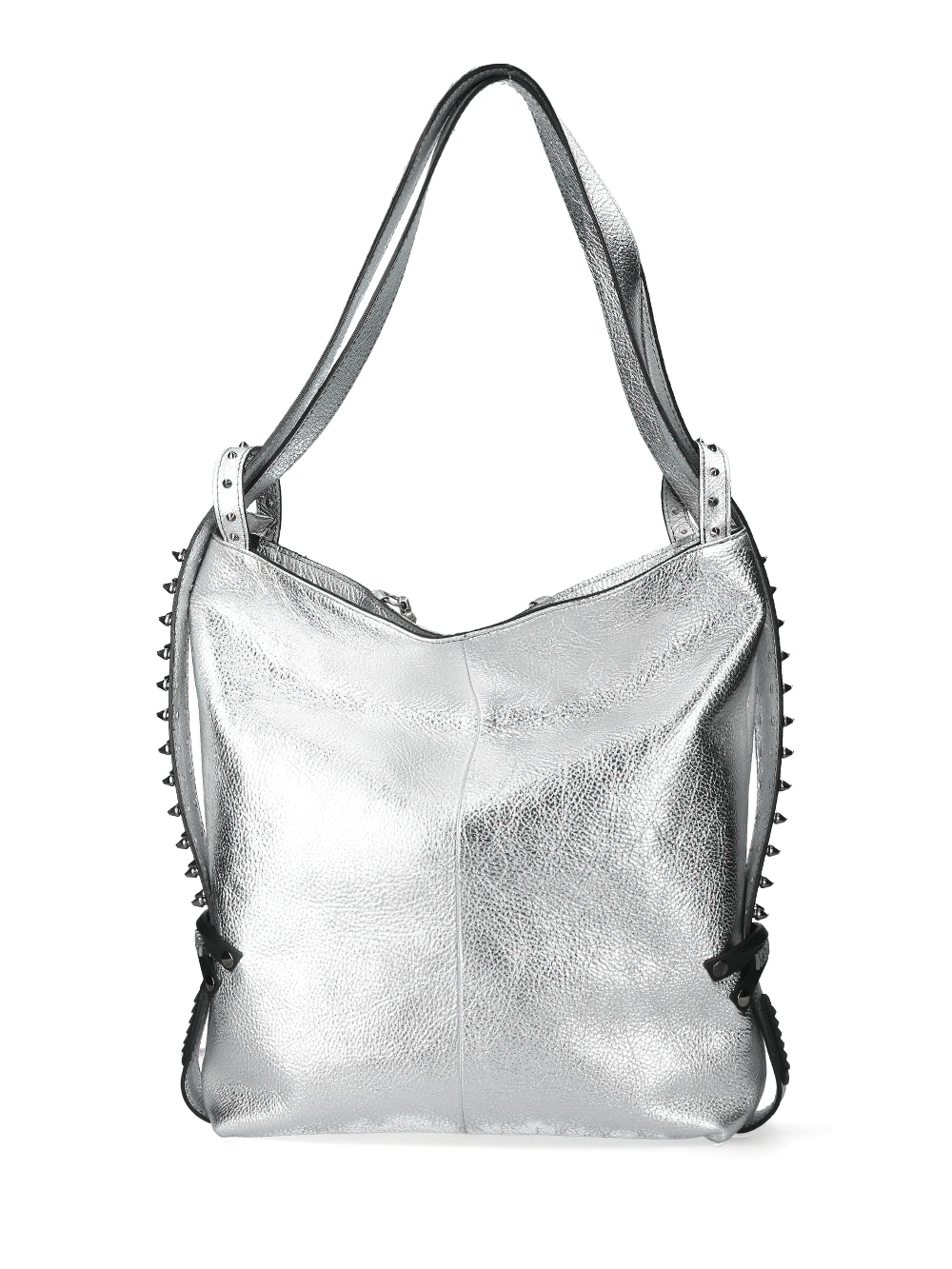 NEW ROCK metallic silver leather shoulder bag with spikes, stylish fashion accessory for women's outfits.