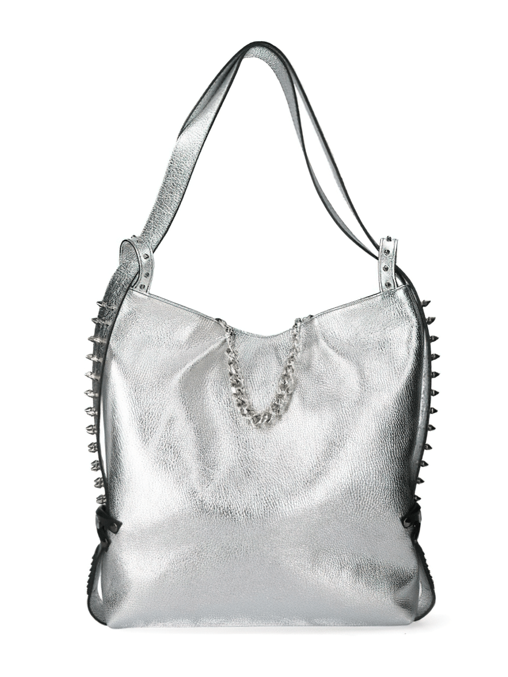 NEW ROCK Metallic Silver Leather Shoulder Bag with spikes, stylish women's fashion accessory.