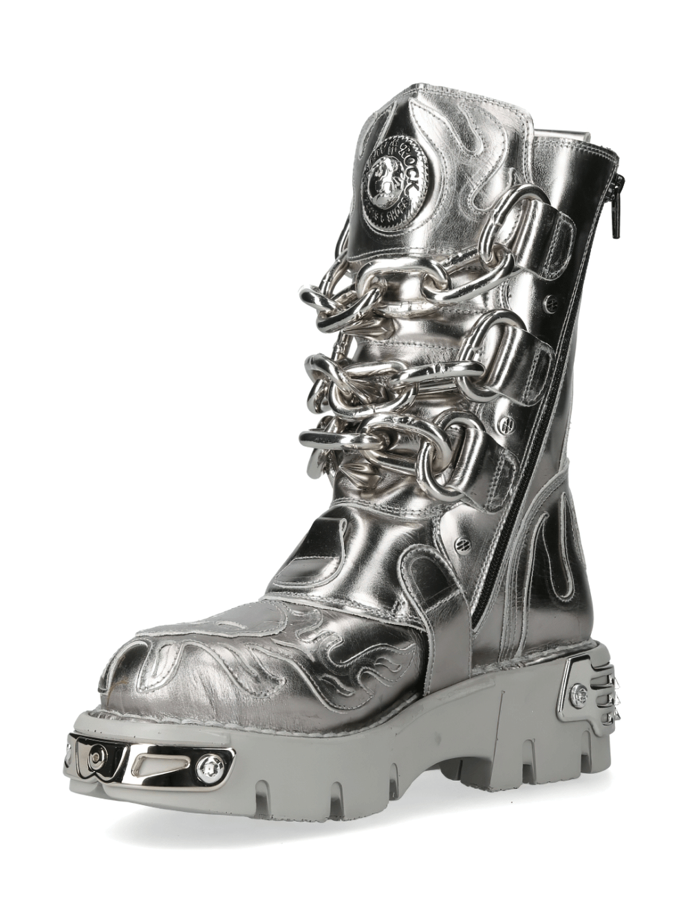 Men's silver metallic Punk boots with chains and flames design, perfect for fashion-forward rock enthusiasts.