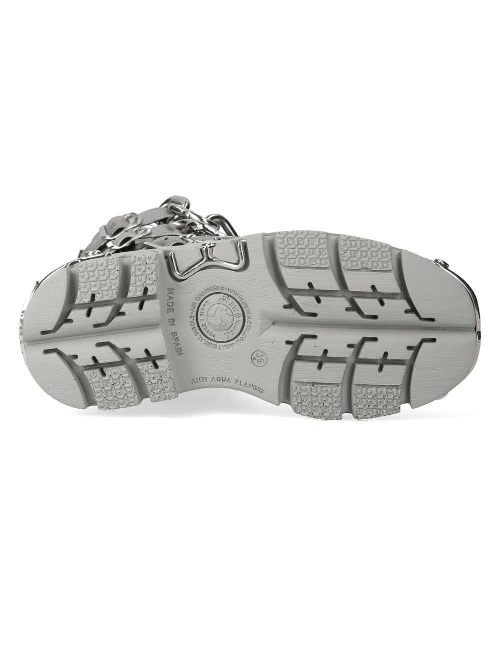 Bottom view of NEW ROCK Men's Silver Metallic Chain Boots, showcasing durable rubber soles and punk style.