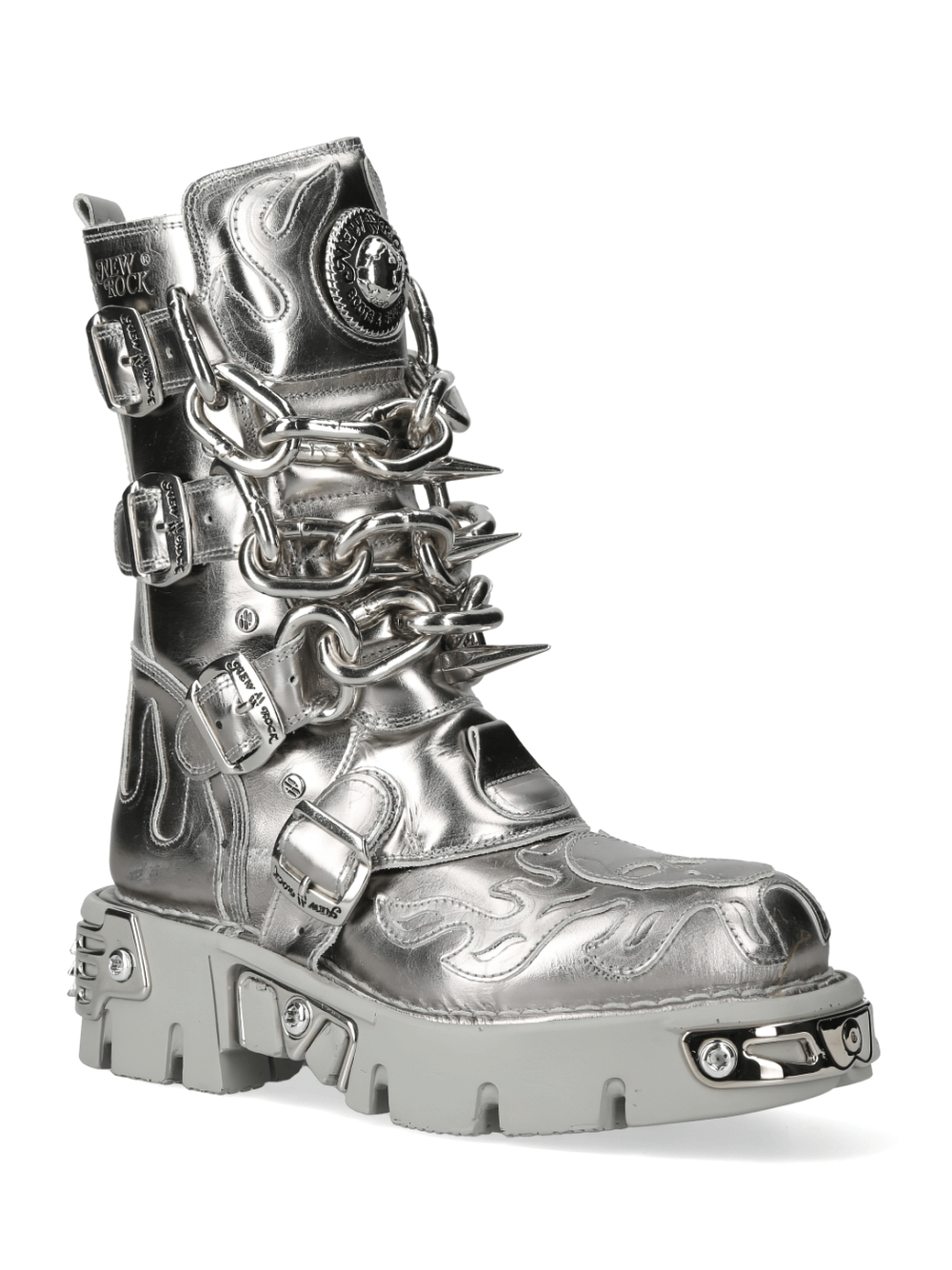 Men's silver metallic punk boots with chains and flames by New Rock, perfect for edgy fashion.