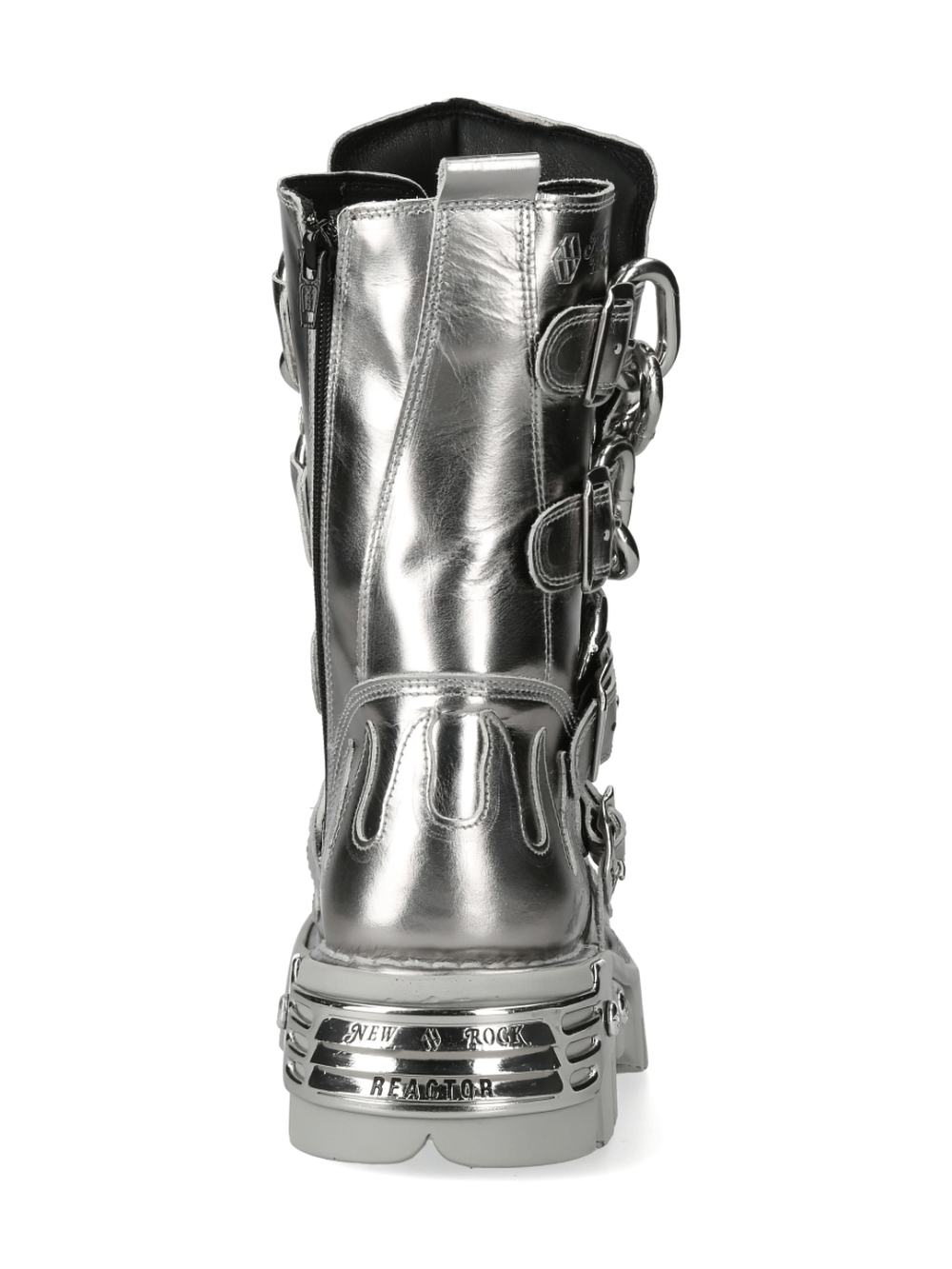 Back view of NEW ROCK Men's Silver Metallic Chain Boots showcasing buckles and edgy design.