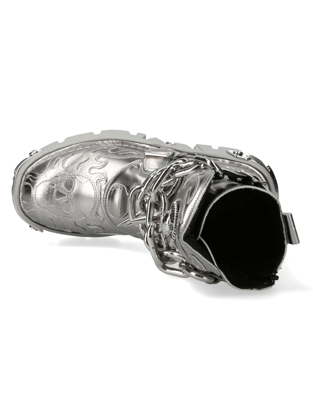 Top view of NEW ROCK Men's Silver Metallic Chain Boots featuring punk style chains and buckles.