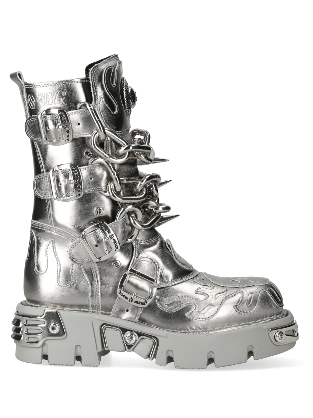NEW ROCK Men's Silver Metallic Chain Boots with Buckles and Flames for Punk Fashion.