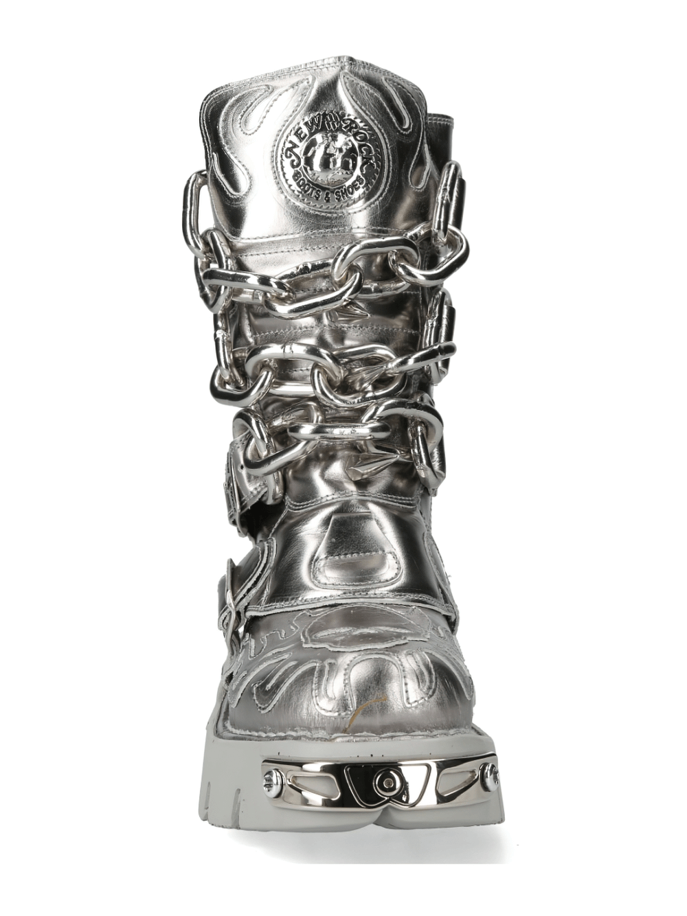 Men's silver metallic chain boots with buckle detailing for punk fashion, showcasing bold Newrock style.