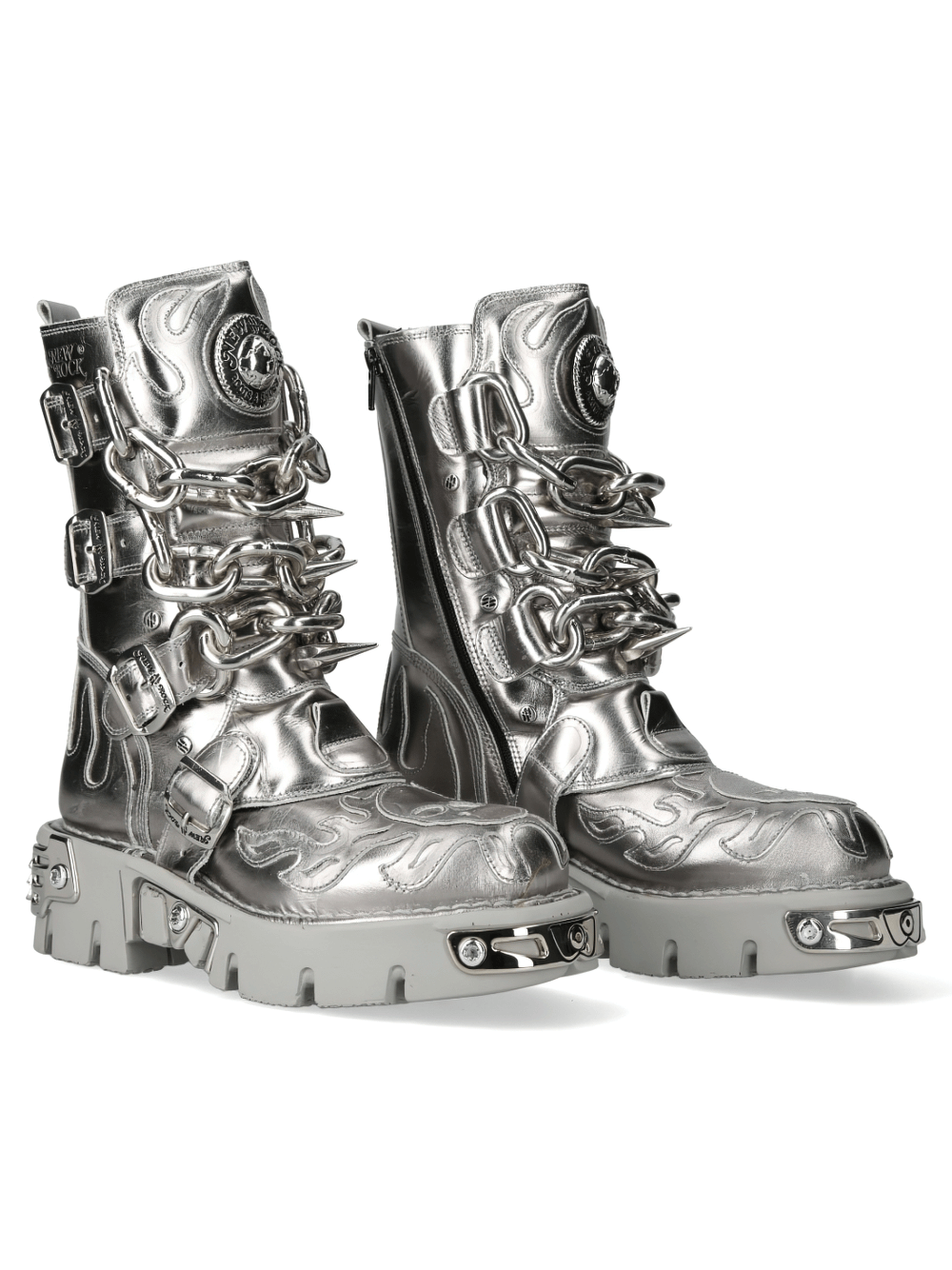 Men's silver metallic chain boots with buckles, embracing punk fashion and Newrock style.