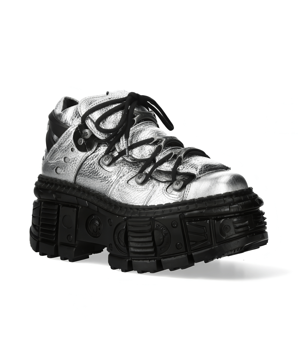 NEW ROCK Men's silver metallic lace-up ankle boots with bold black sole, showcasing edgy rock style and premium leather.