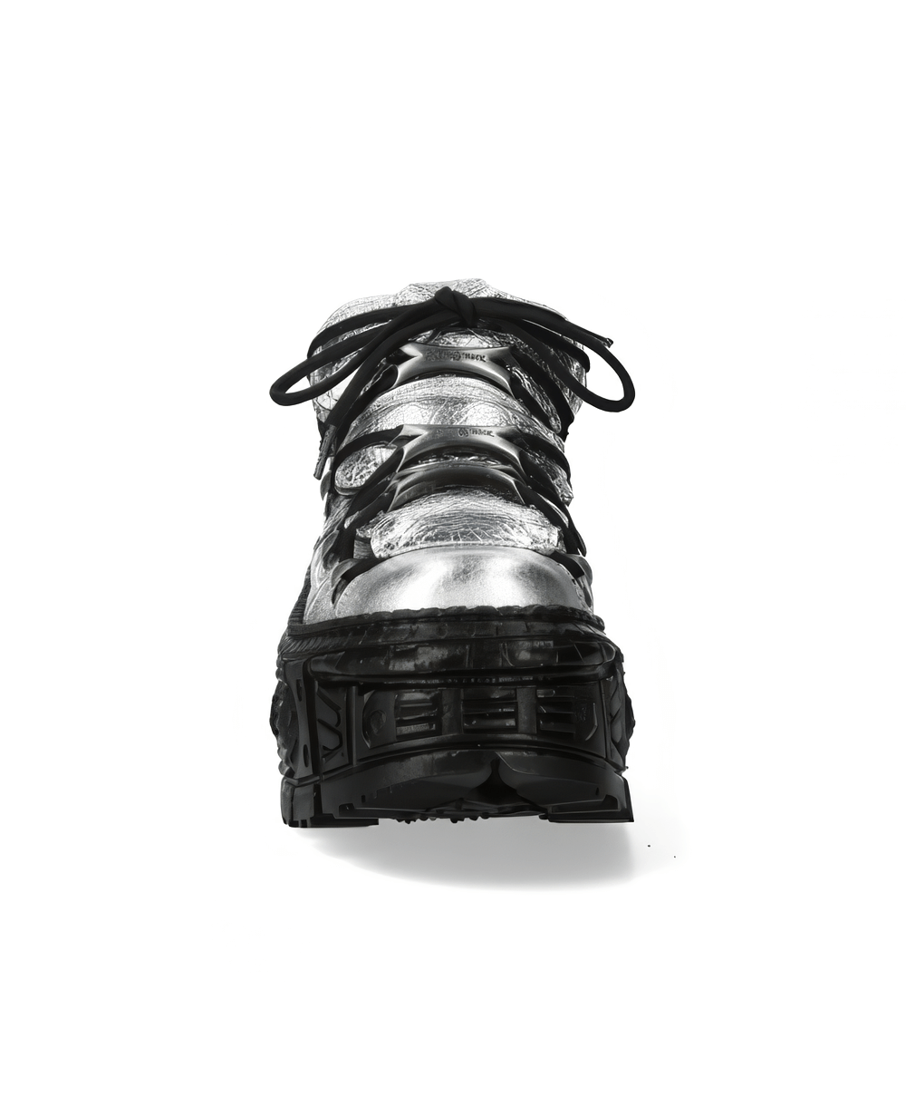 NEW ROCK Men's Silver Metallic Rock Ankle Boots showcasing bold lace-up design and durable construction.