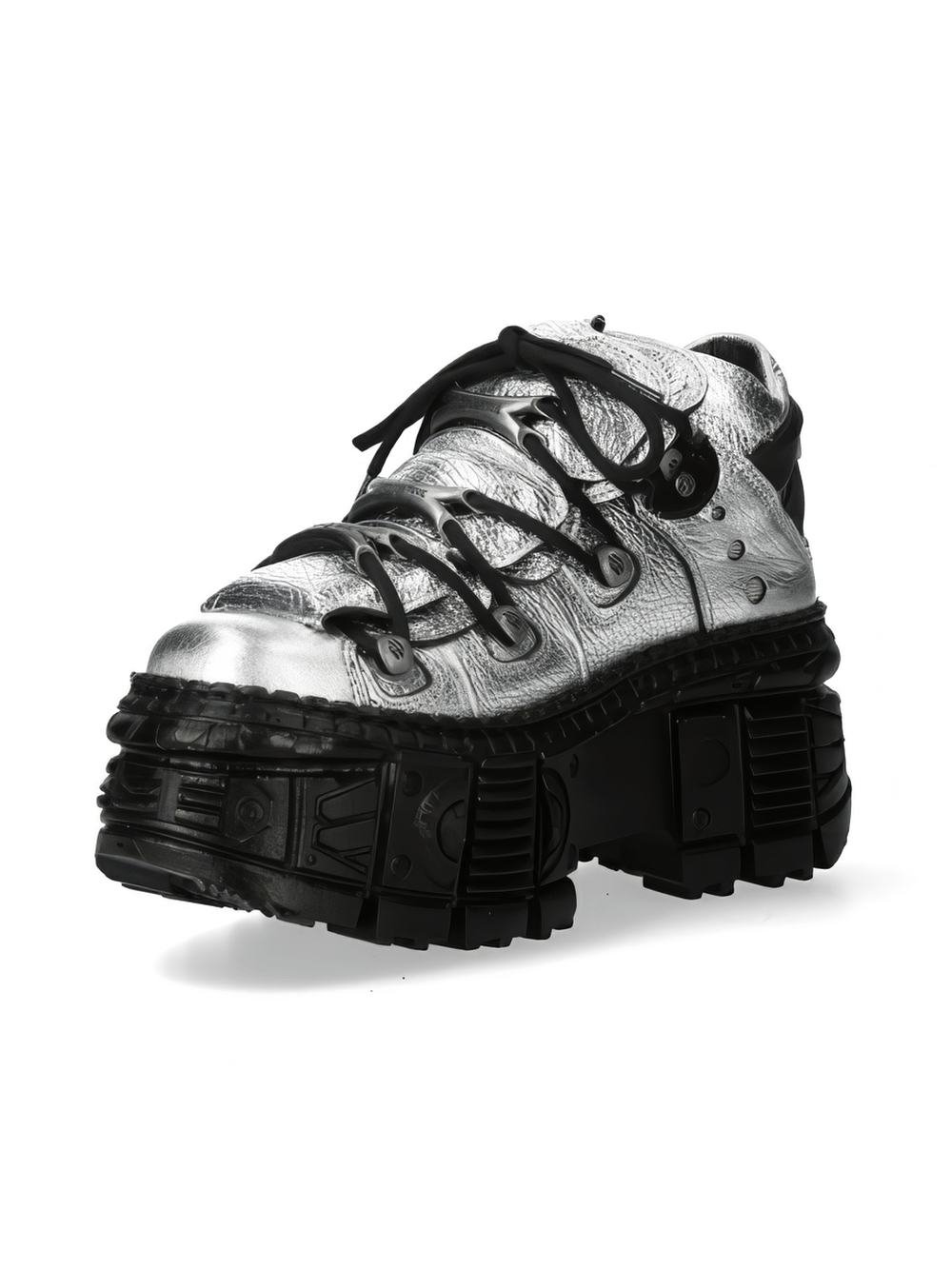 Men's silver metallic ankle boots with bold rock style and durable black sole.