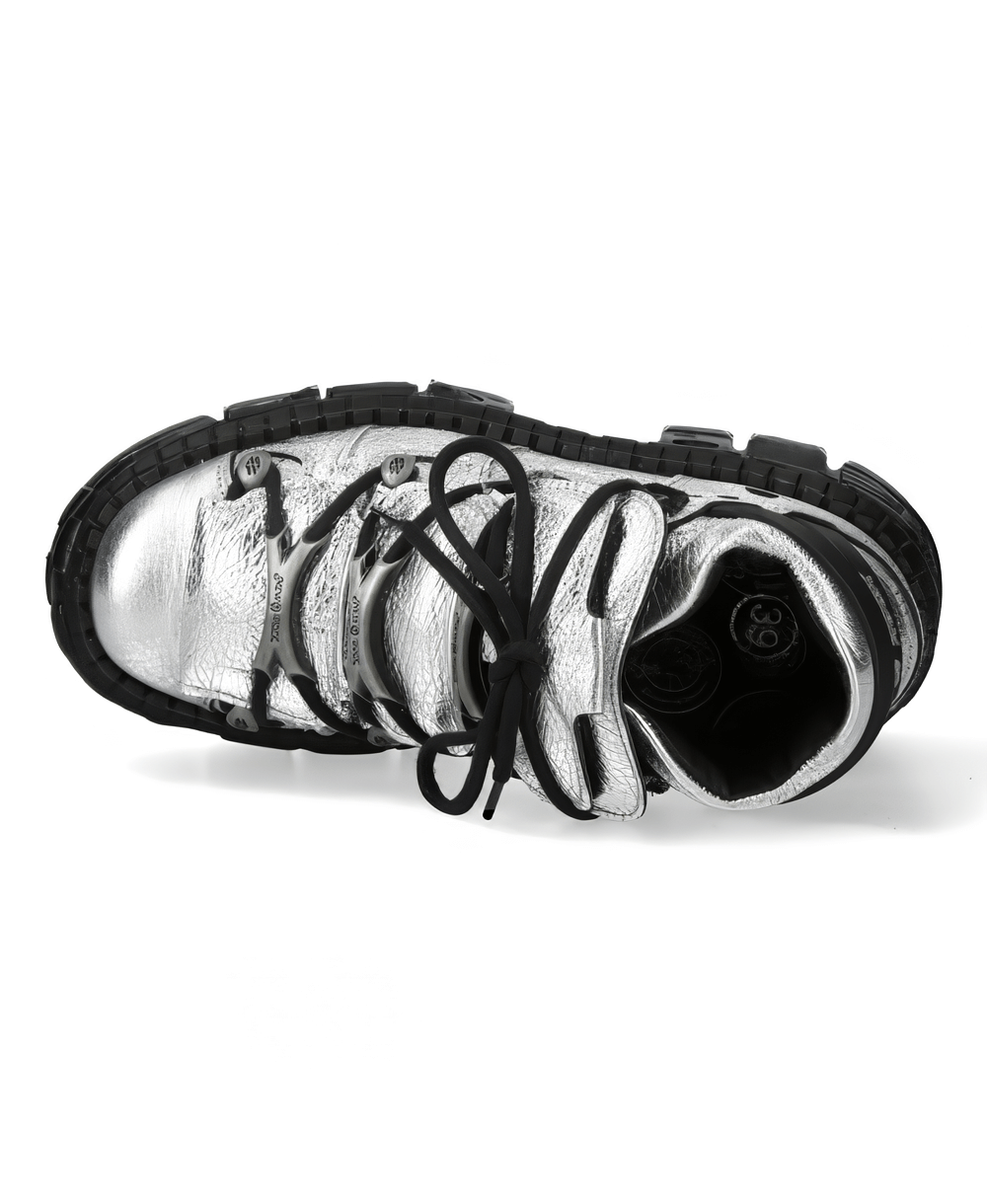 Top view of NEW ROCK men's silver metallic ankle boots with bold lace-up design and durable black sole.