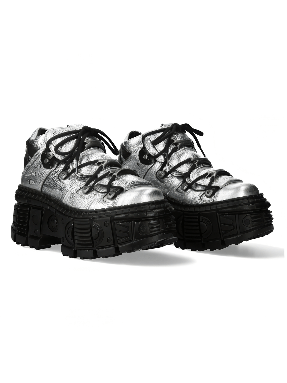 NEW ROCK men's silver metallic ankle boots with bold design and chunky black sole, perfect for a standout rock fashion statement.
