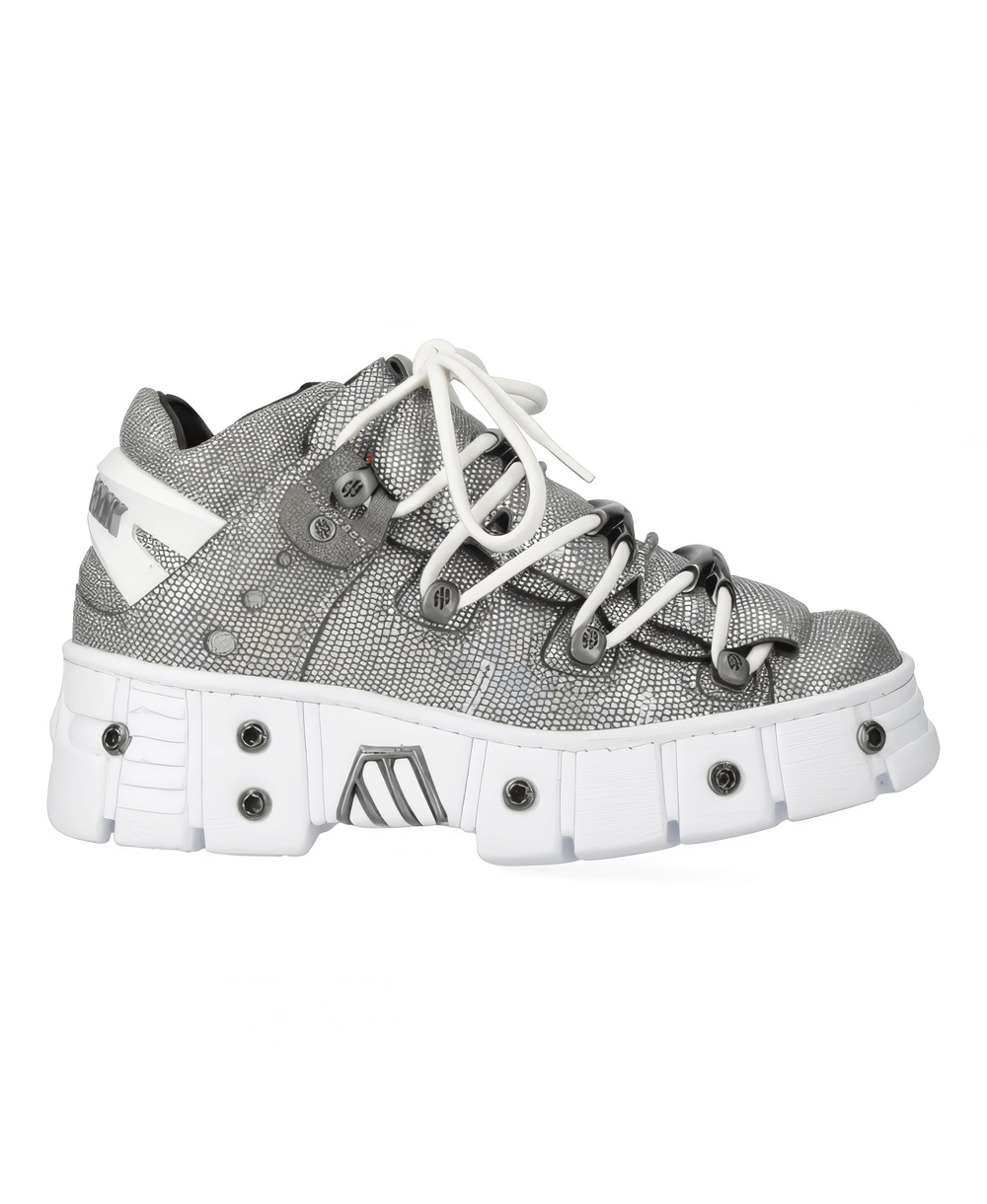 Silver lace-up sneakers with chunky sole and stylish design, perfect for trendy streetwear.