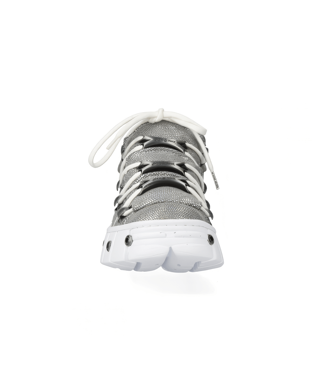 Front view of NEW ROCK Men's Silver Rock Leather Ankle Boots with lace-up design and bold style.