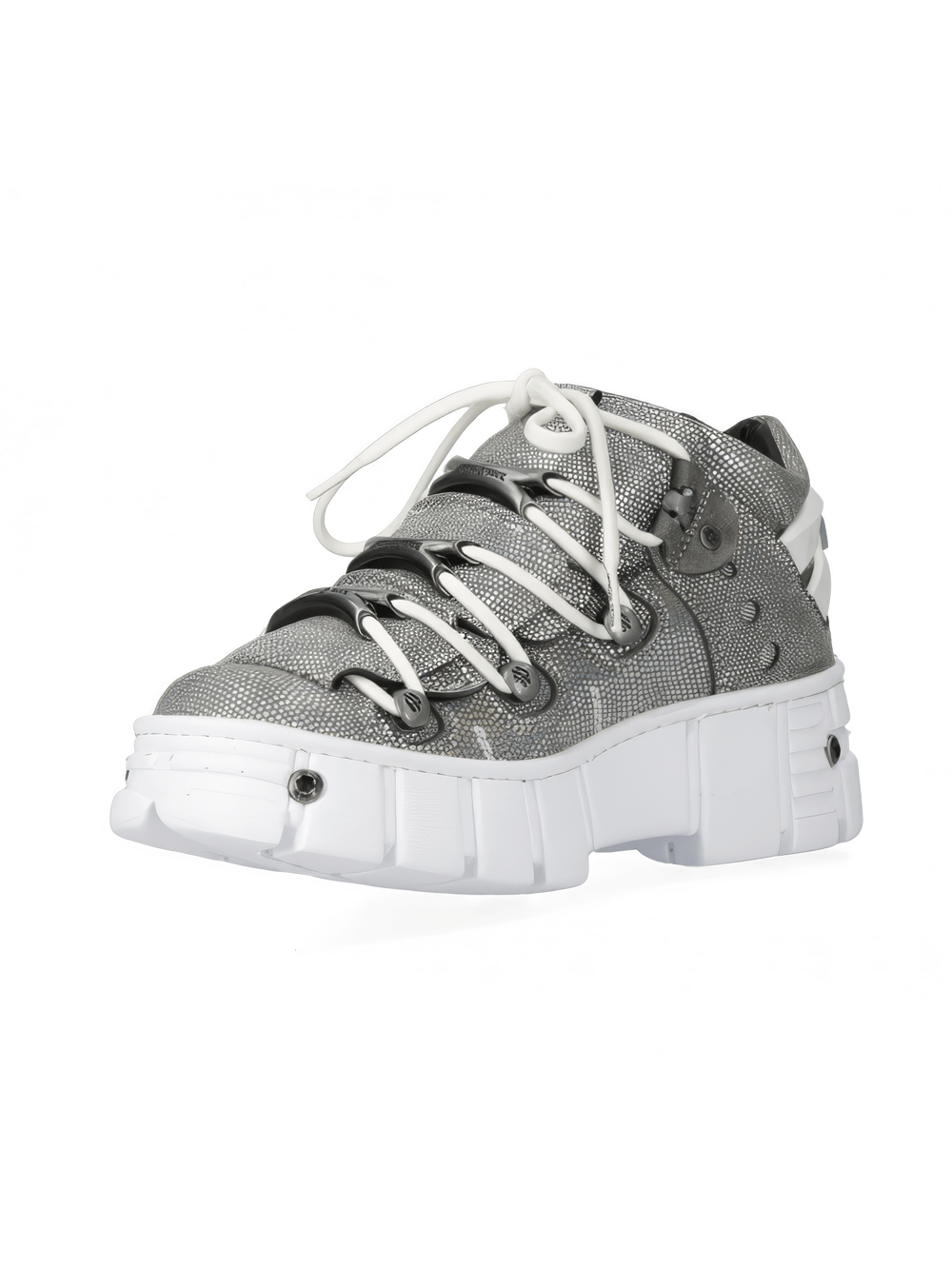 NEW ROCK Men's silver rock ankle boots with bold white lacing and chunky sole, perfect for a fashionable rock-inspired look.