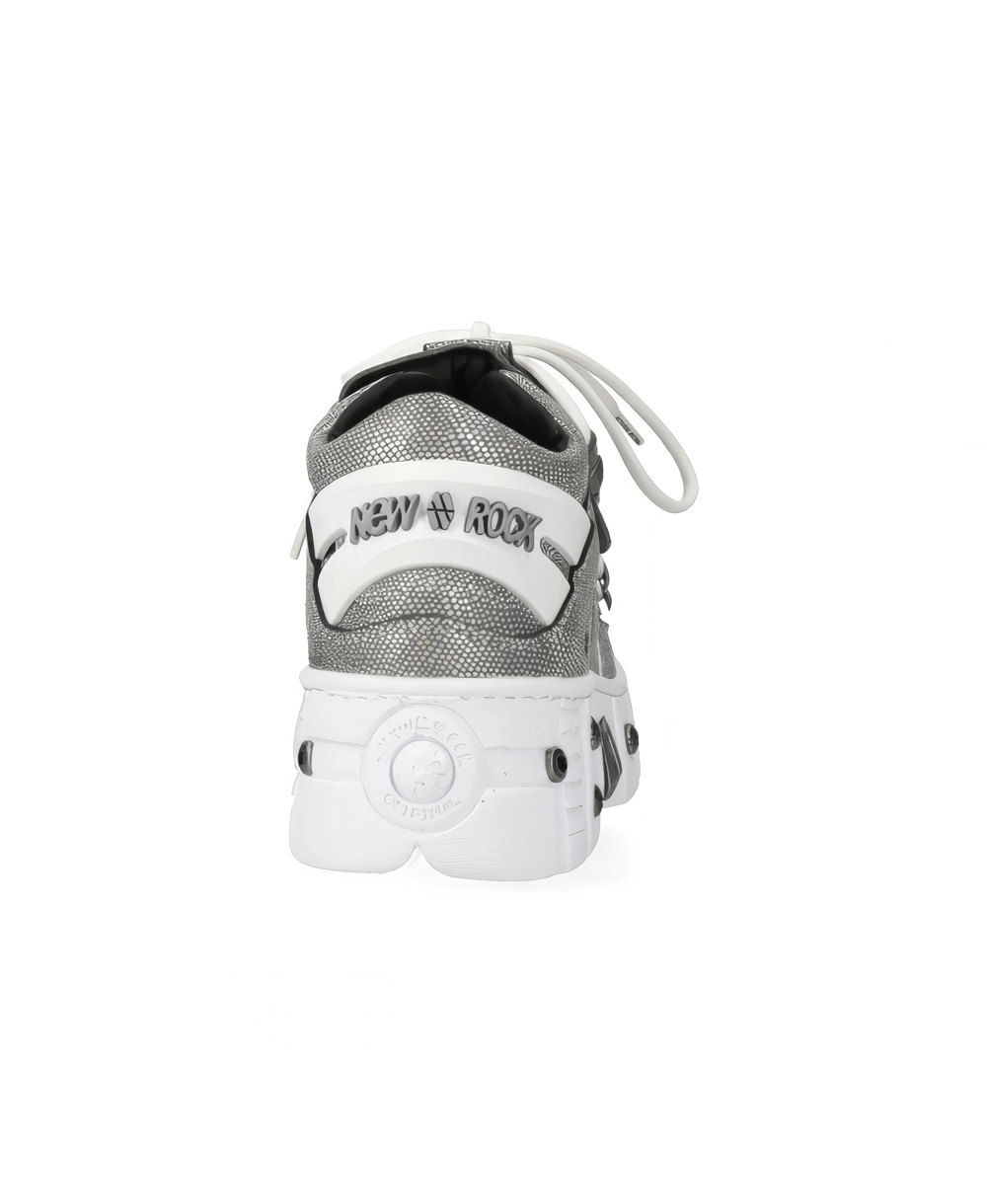 Back view of NEW ROCK silver ankle boots with white sole and lace-up design.