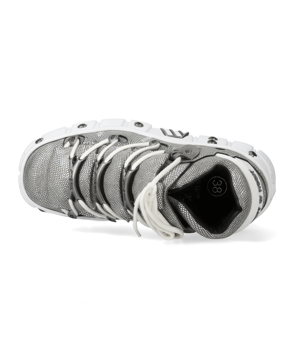 Overhead view of NEW ROCK Men's Silver Rock Leather Ankle Boots, showcasing slick silver design and bold laces.