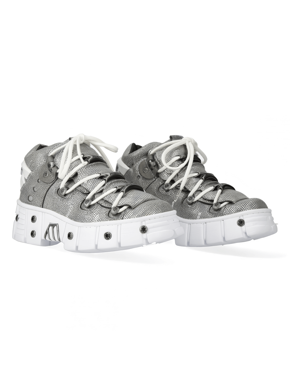 Men's silver rock-inspired lace-up ankle boots with bold design and durable white sole.