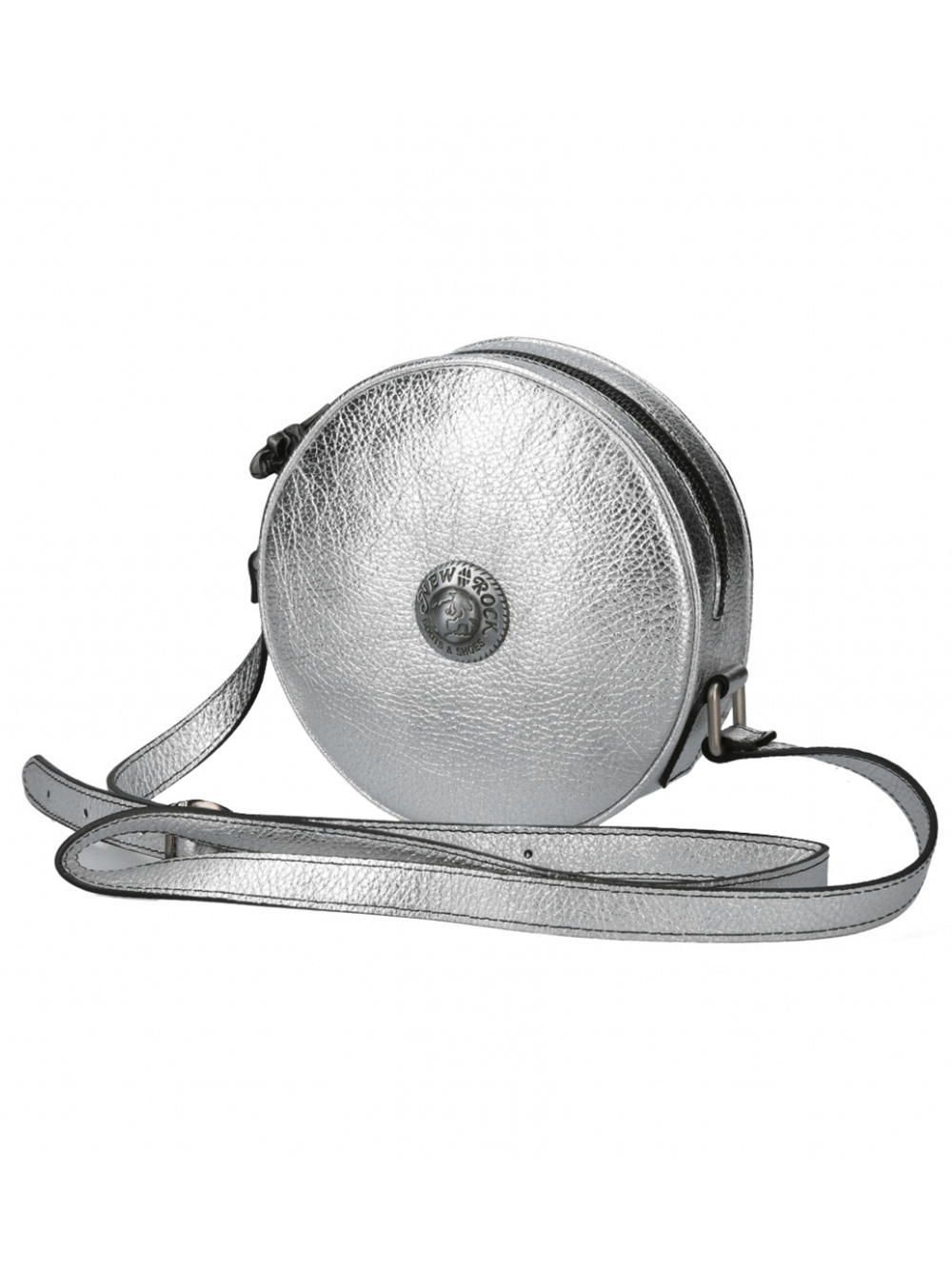 NEW ROCK silver round crossbody bag with adjustable strap, metallic rock style for punk fashion enthusiasts.