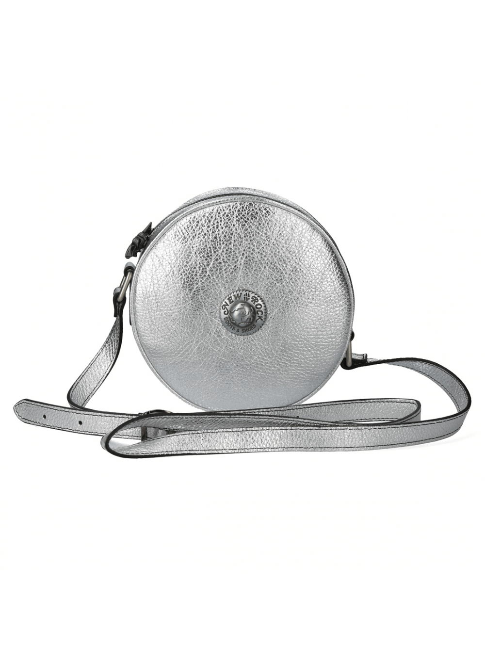 NEW ROCK metallic silver round crossbody bag with zipper closure and adjustable strap for punk fashion.