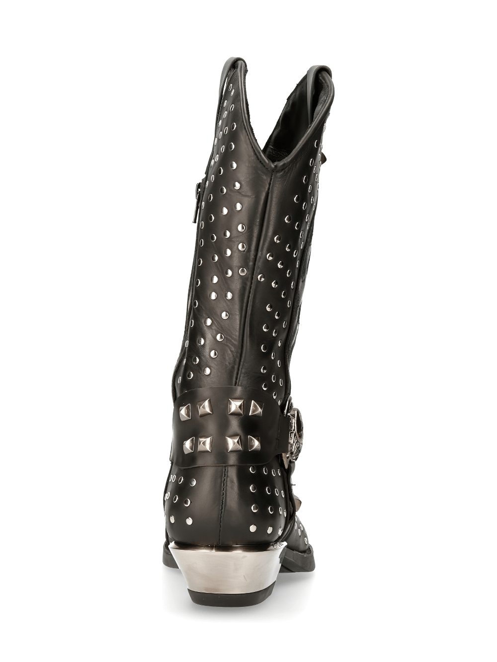 Rear view of NEW ROCK Men's silver studded leather cowboy boots with bold metallic accents and striking design.